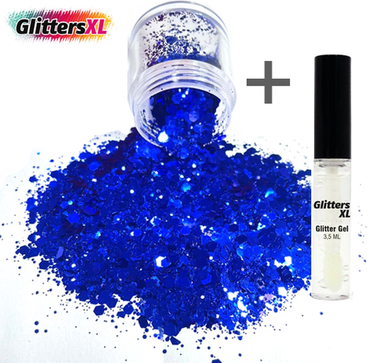 GlittersXL - Chunky Glitters (Blauw) (Volume 8g) + Glitter Huid Lijm [Festival Makeup Gezicht Lichaam - Face Body Glitter - Biologisch afbreekbaar - Versiering Dames Volwassen Kinderen]